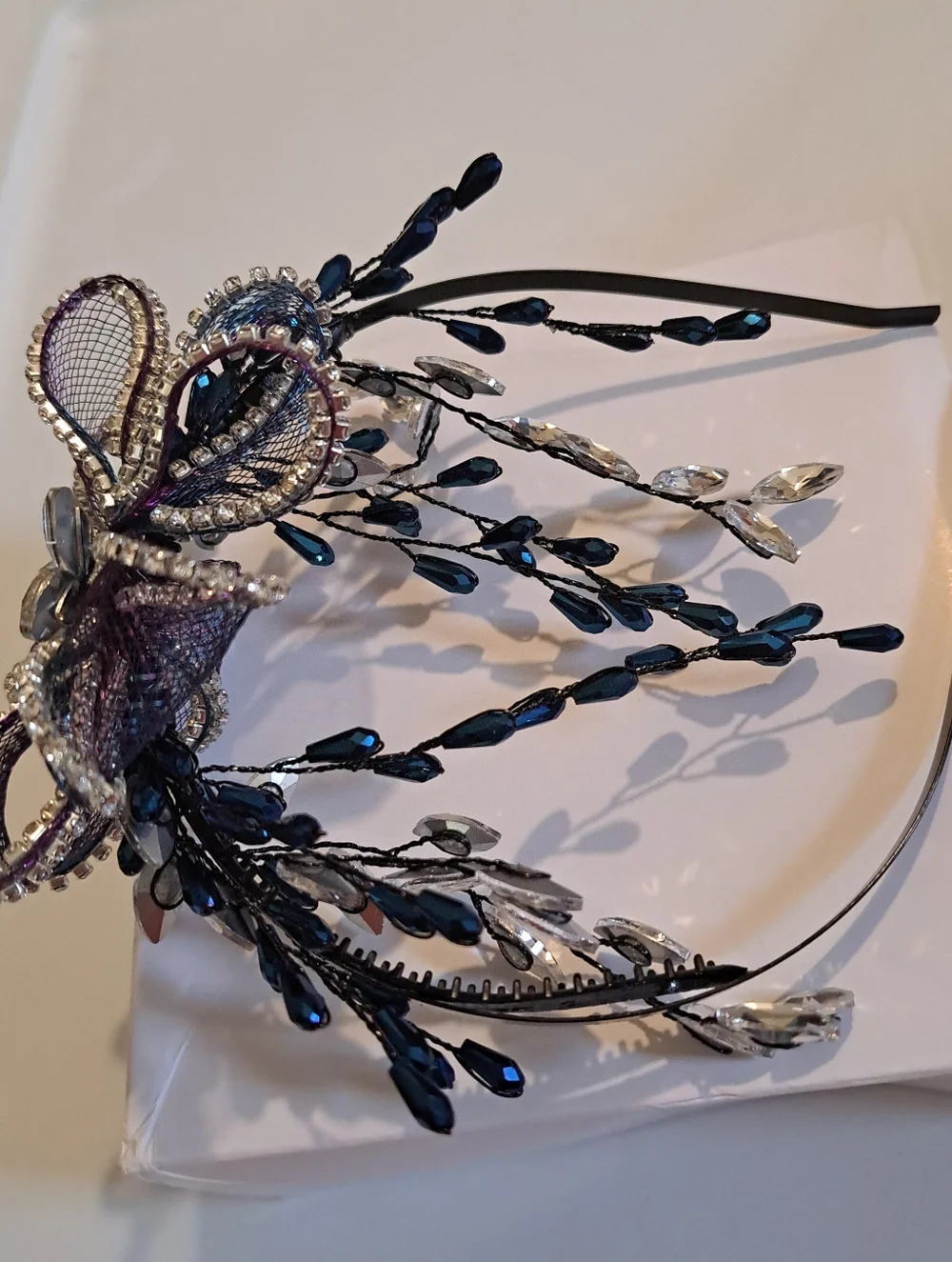Goth Bride Headband Purple Mesh Crystal Blue-Black Rhinestones